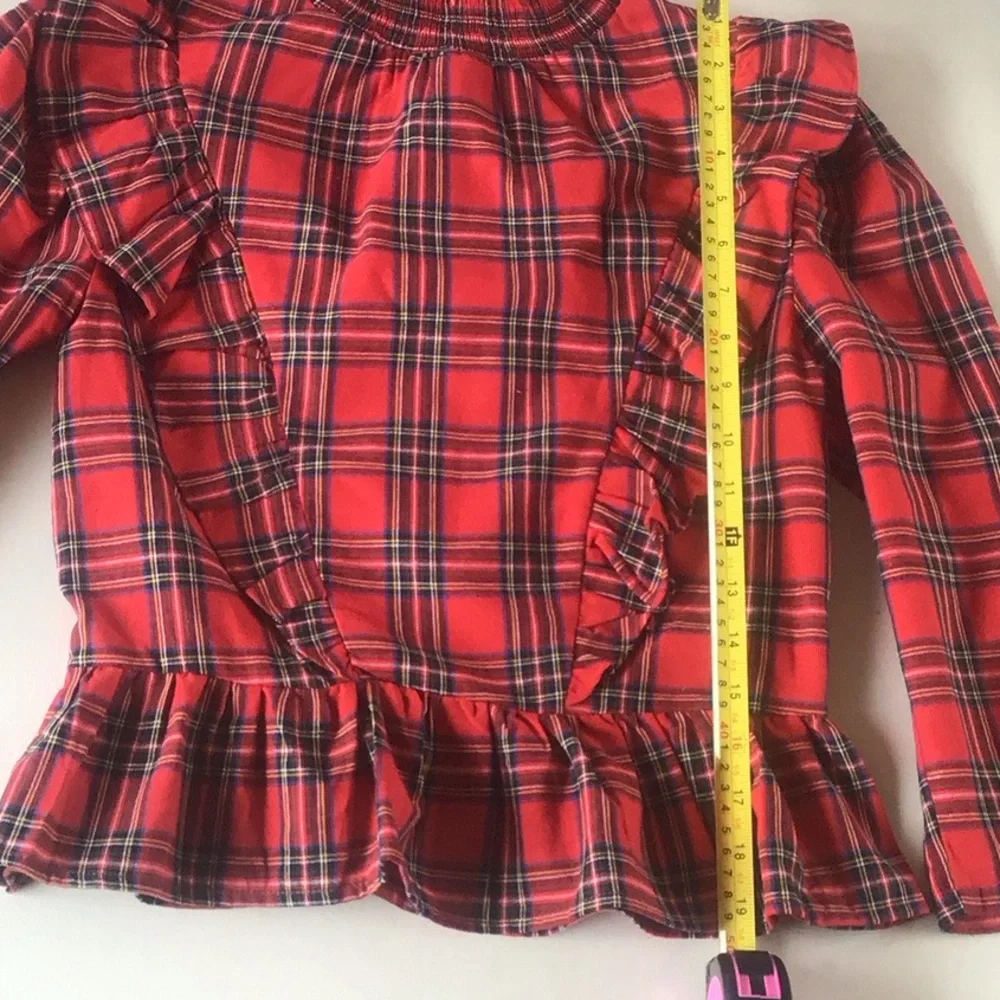 English Factory tartan ruffle blouse